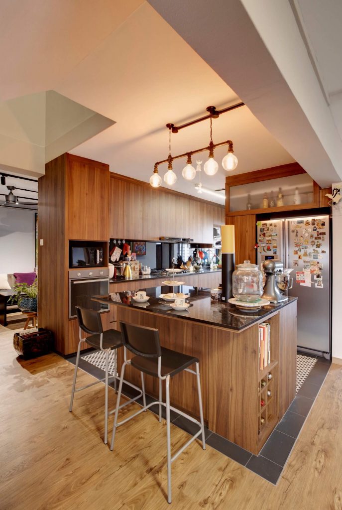 Vintage hanging lights in an open-concept kitchen
