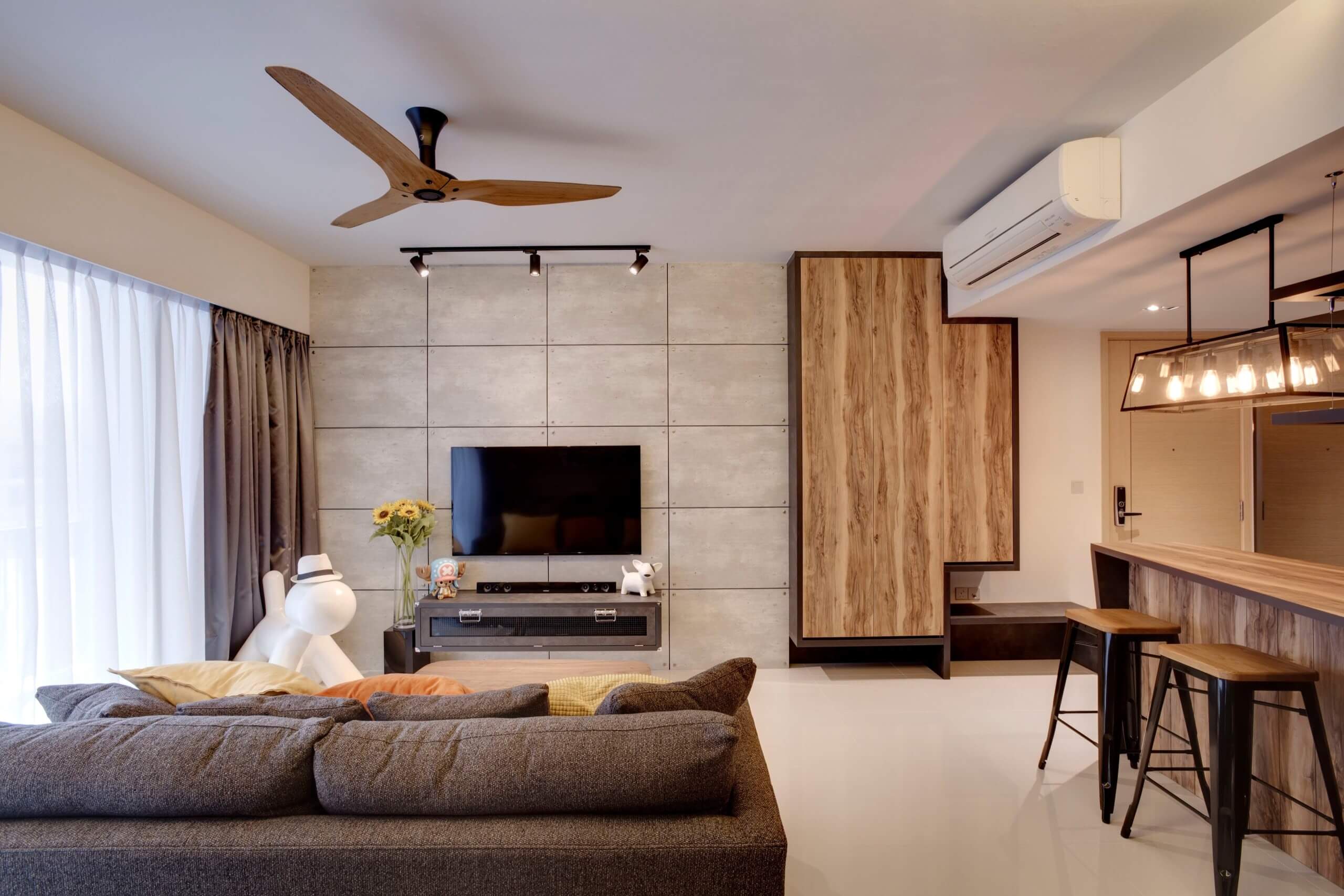 Scandinavian living room with wooden textures