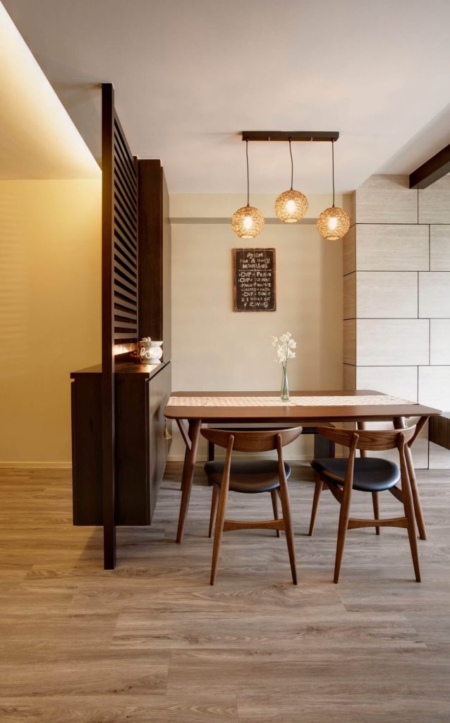 Elegant dining space with stylish hanging lamps
