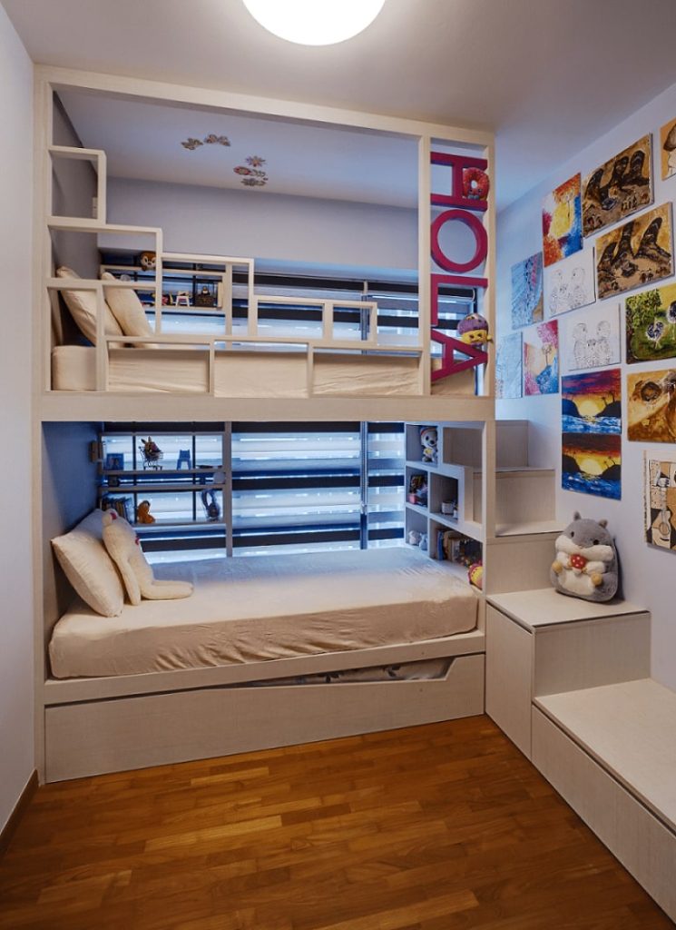 Kids room with bunk beds and wall decor