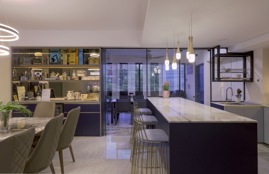 Luxurious kitchen and dining area with modern lighting and aesthetic decor