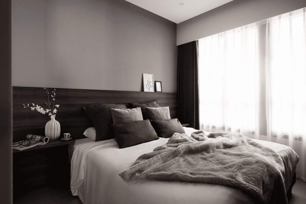 Elegant bedroom in multiple hues of black and grey