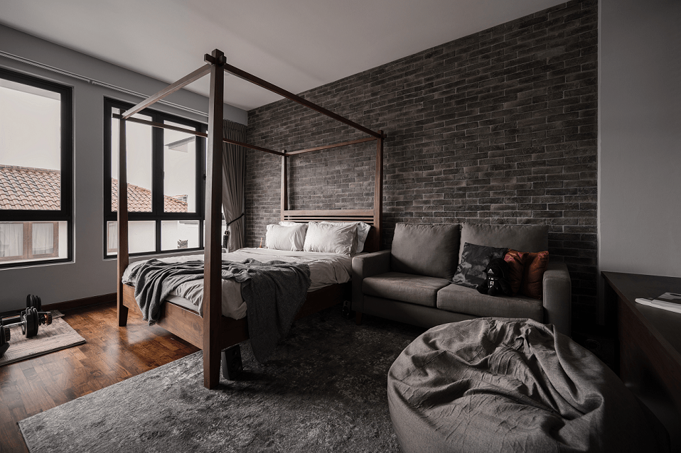 Modern classic living room with wood post bed and brick accent wall