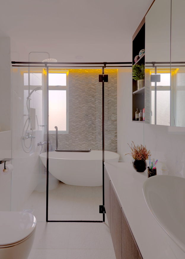 White and Simple Bathroom with partitioned bath area