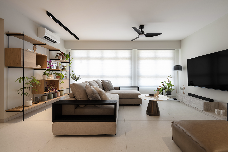 KEEP IT MINIMAL @ BEDOK SOUTH - 5-room HDB living room design with L-shaped sofa