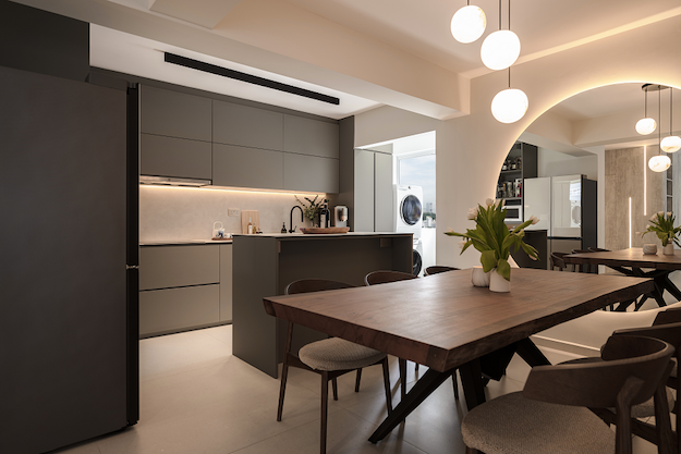 Keep it Minimal@ Bedok South- 5-room HDB interior design, statement lighting in kitchen and dining room