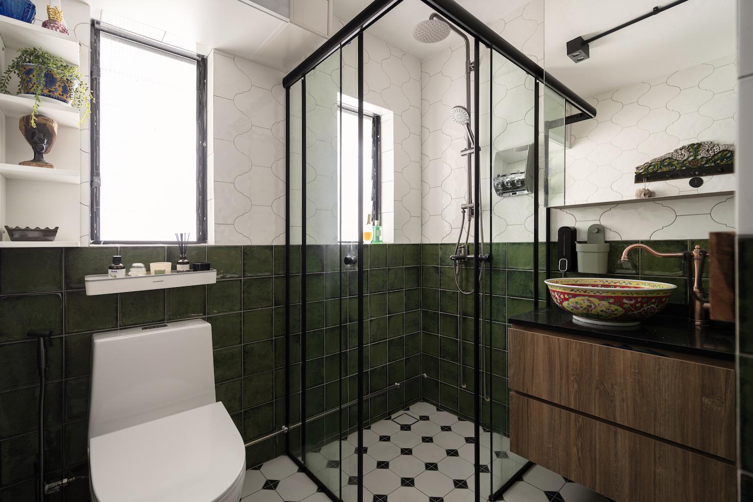 Vintage style bathroom with sage green tiles