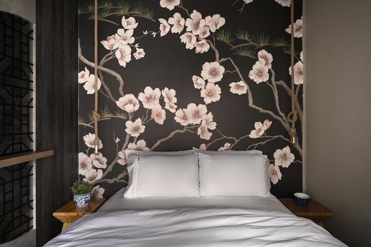 Japanese inspired accent wall in bedroom